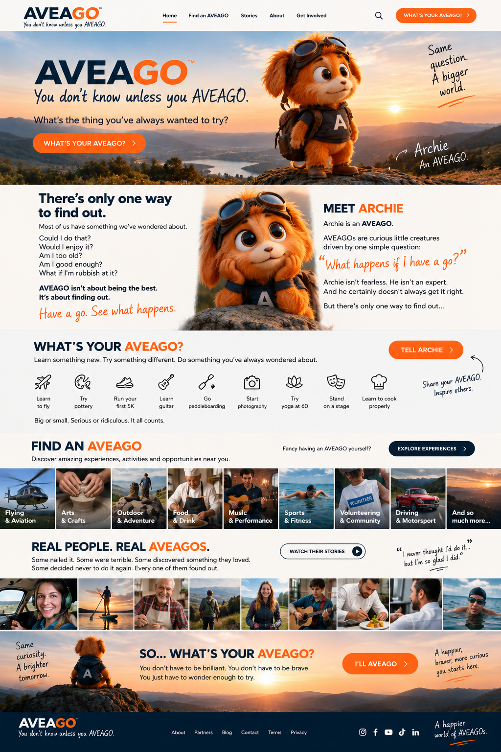 AVEAGO approved illustrated website design: Archie overlooking an adventurous landscape, ways to have a go, experiences and real people's stories.
